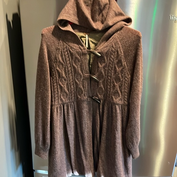 Free People brown Princess Toggle CableKnit Lambswool nylon Sweater Coat jacket - Picture 4 of 16